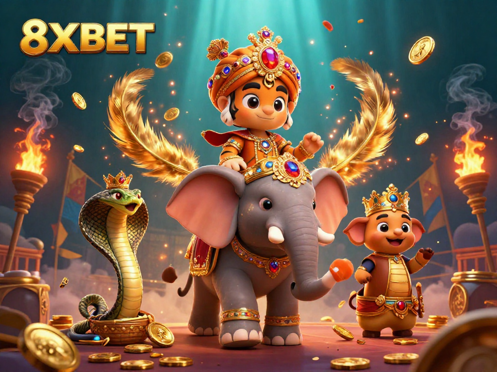 Engage with an exciting 8XBET gaming scene featuring a majestic maharaja tiger amidst casino elements.