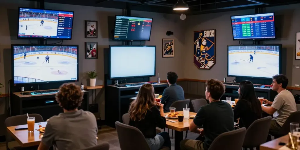 Group of friends enjoying live hockey while betting at www.statymuzona.lt