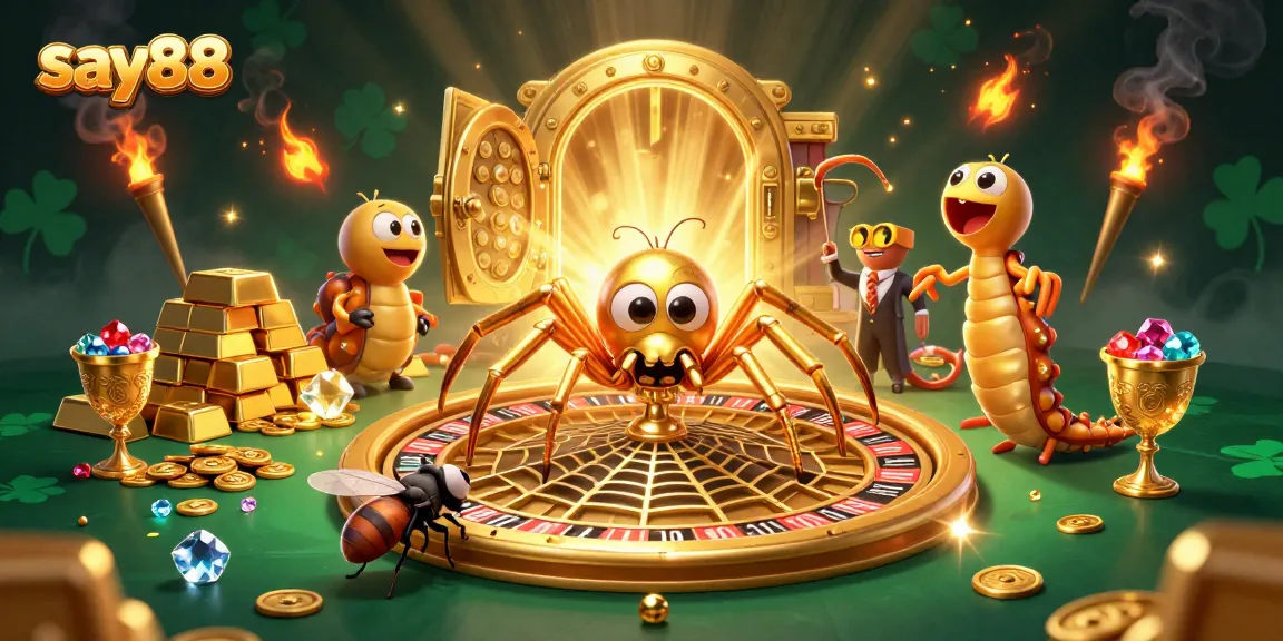 Spin and win with say88's exciting golden roulette wheel featuring vibrant characters and treasure.