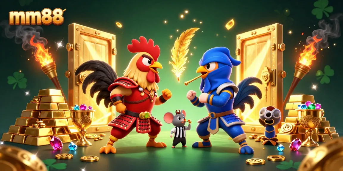 Fight for glory with mm88 in a dramatic casino-themed showdown featuring roosters!