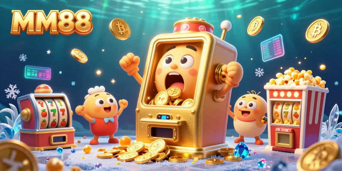 MM88 slot machine celebrating a jackpot win, surrounded by cheering machines and crypto elements.