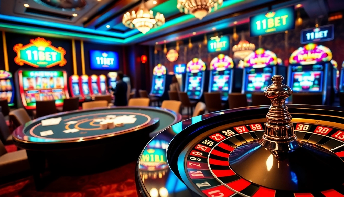 Experience the thrill of 11BET with vibrant poker games and luxurious casino visuals.