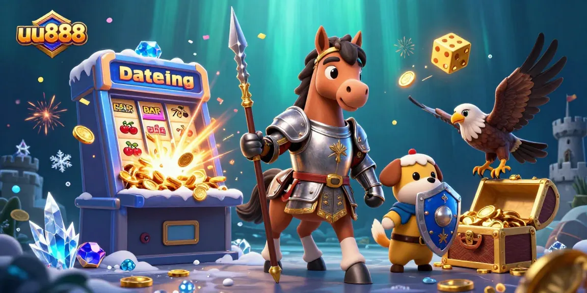 uu888 unleashes excitement with a medieval knight and a playful puppy amidst dazzling casino elements.