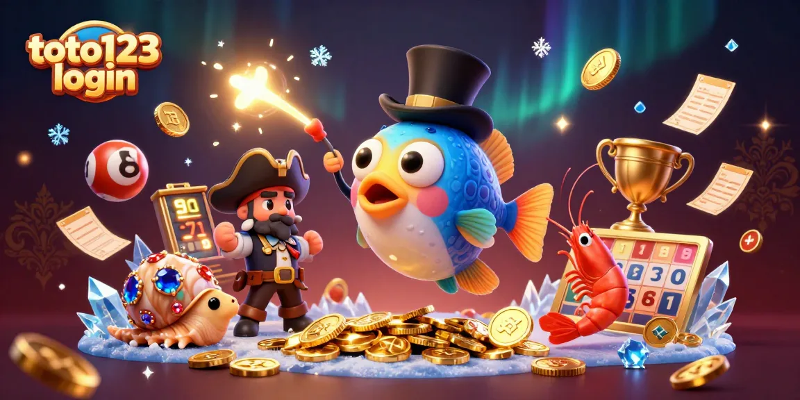 Toto123 login to access lottery with thrilling features and trophies amidst fun characters.