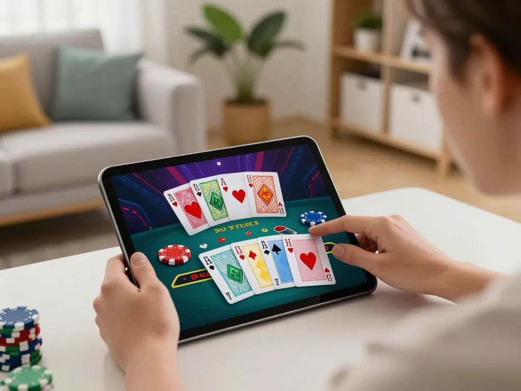 Engaging with the Baccarat game on a tablet while enjoying a cozy home atmosphere illustrating Rik vip fun.