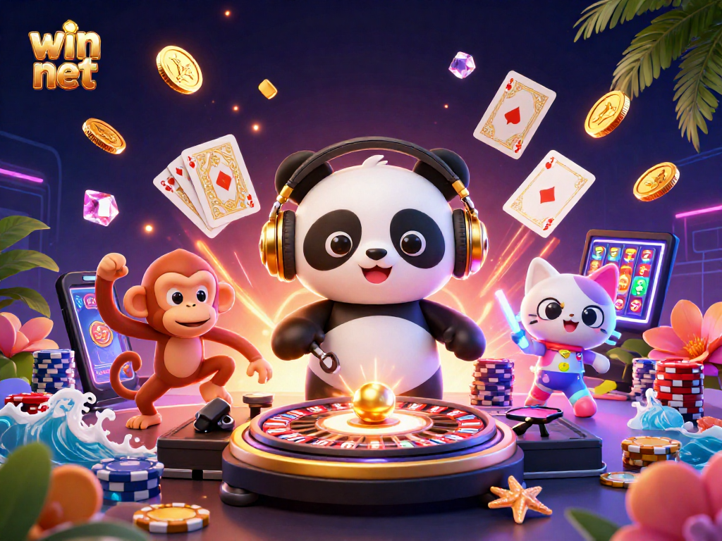 Engage in vibrant casino fun with the win net branding, featuring a DJ panda and animated characters.