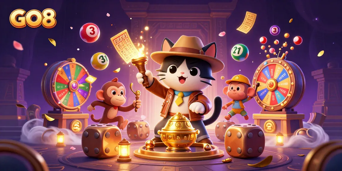 Engage with GO8's vibrant lottery and casino experience featuring a cartoon cat and monkey discovering treasures.