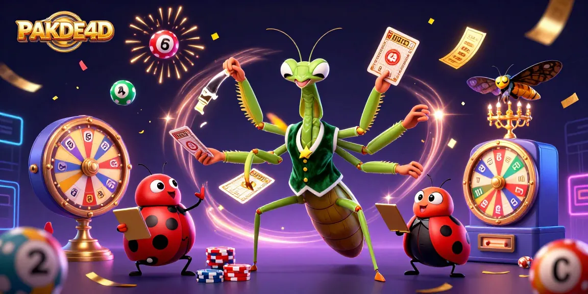 PAKDE4D menghadirkan suasana permainan togel yang menarik dengan karakter menggoda dan bola lotere berwarna-warni.