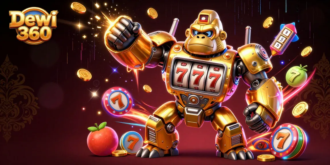 Dewi 360 memimpin permainan slot dengan gorila emas bertransformasi, putaran slot, dan koin terbang.