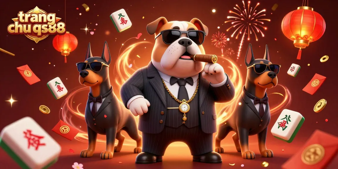 Catch the excitement of trang chu qs88 with the mafia boss bulldog commanding a vibrant casino scene filled with fireworks, lanterns, and riches.