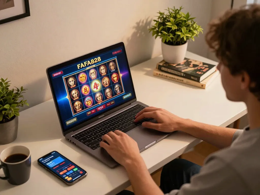 ผู้เล่น FAFA828 สนุกกับเกมสล็อตคาสิโนออนไลน์บนแล็ปท็อปในบรรยากาศที่อบอุ่นที่บ้าน