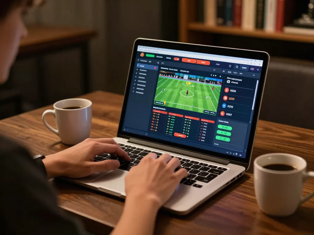 Person engaging with NHÀ CÁI F168 for sports betting on laptop in a cozy atmosphere.