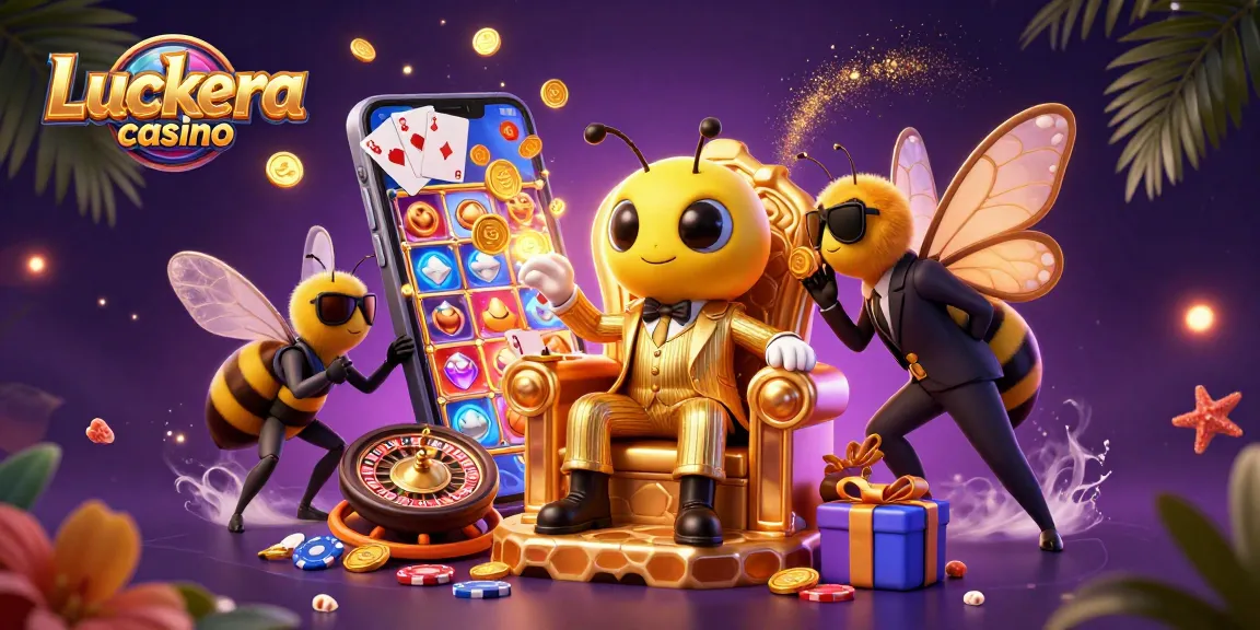 Engage with the excitement at Luckera casino featuring a whimsical 3D bee mob boss amid vibrant slot game elements.