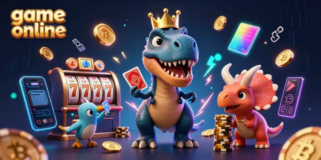 Enjoy exciting game online action with cartoon characters playing cards and stacking chips.