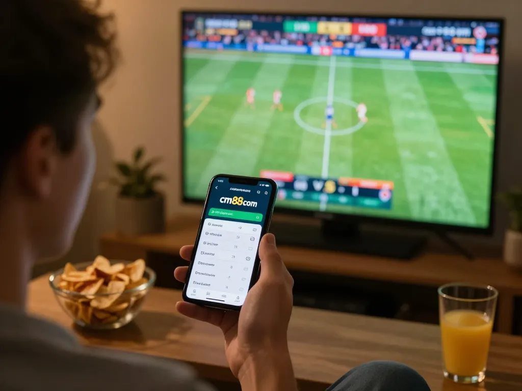 Engaged user betting on cm88 com while watching a live sports event at home.