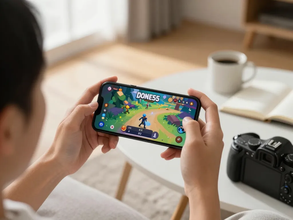 Engaging in the Done55 game app on smartphone, highlighting the immersive gaming interface and relaxing home atmosphere