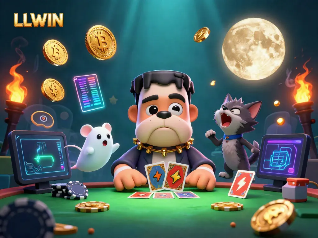 LLWIN delivers an exciting gaming experience featuring a cartoon bulldog dealer and neon crypto elements.