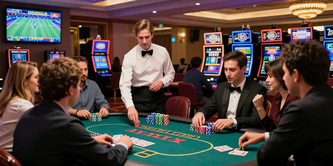 Exciting casino atmosphere at https://28bet.mex.com/, showcasing diverse players at poker tables and sports betting screens amid vibrant lights and elegant decor.