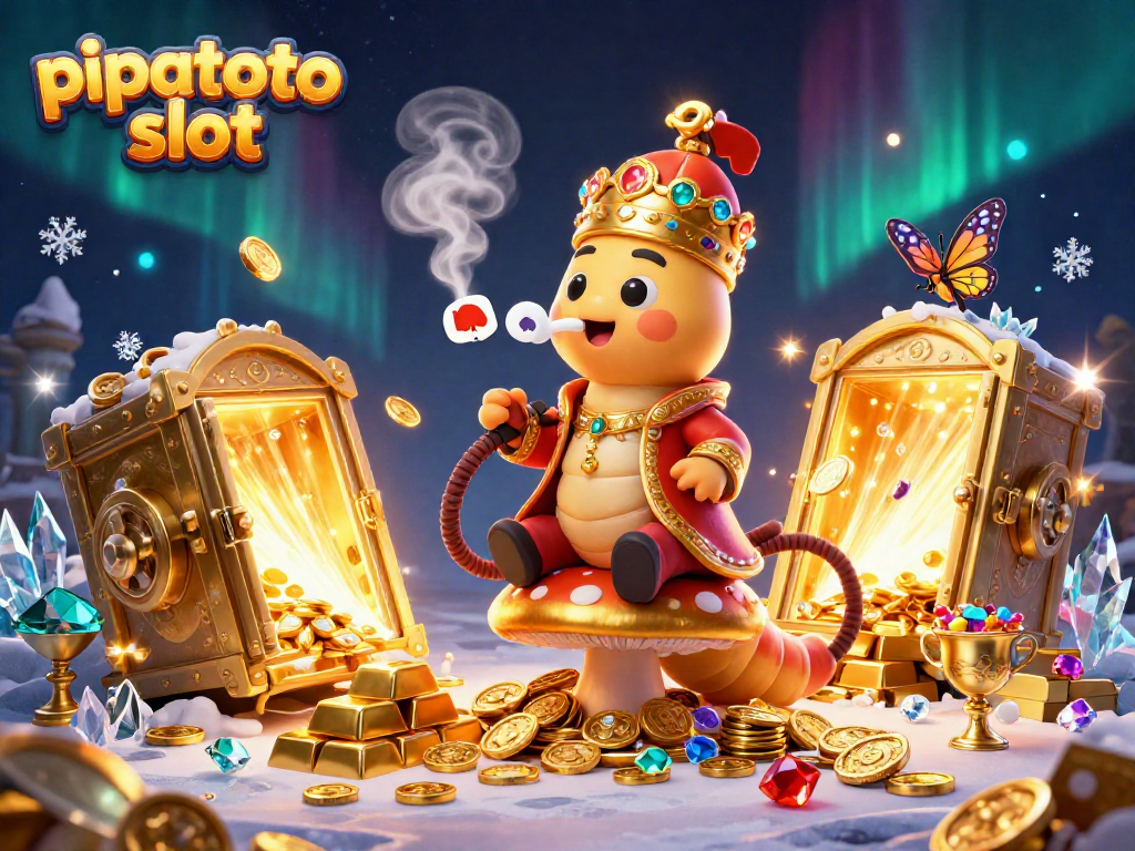 Pipatoto slot showcase an enormous caterpillar master in a sultan outfit with sparkling treasures and vibrant casino elements.