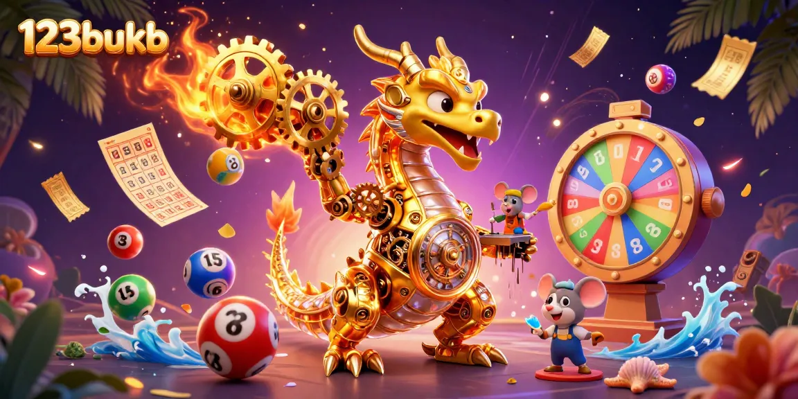 Engage in thrilling gameplay with 123bukb, showcasing a golden dragon and vibrant lottery elements.