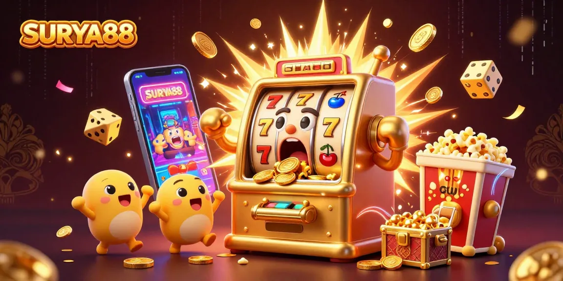 SURYA88 captivates as a golden slot machine hits a jackpot while cheering smaller machines celebrate amidst a vibrant casino scene.