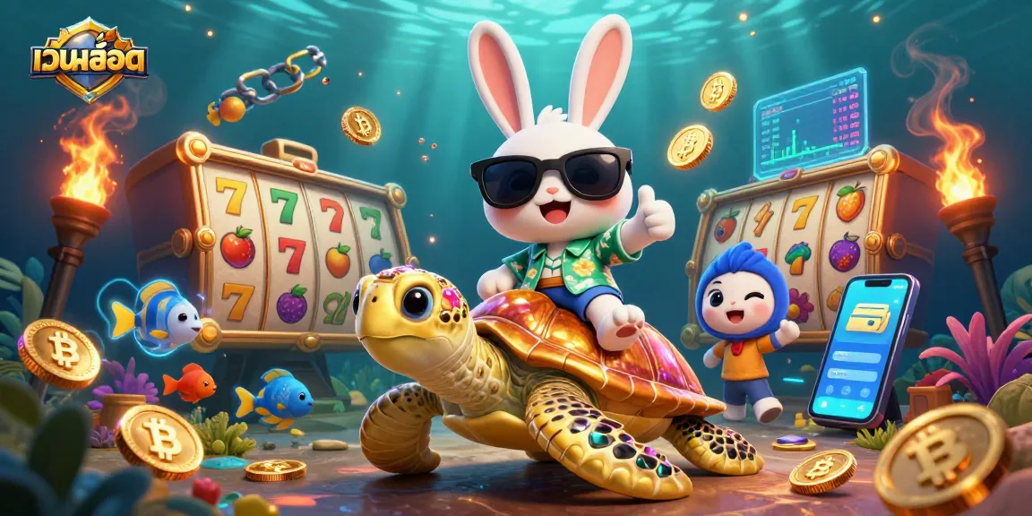 Spin slot games at เว็บสล็อต while the lucky rabbit rides a golden sea turtle.