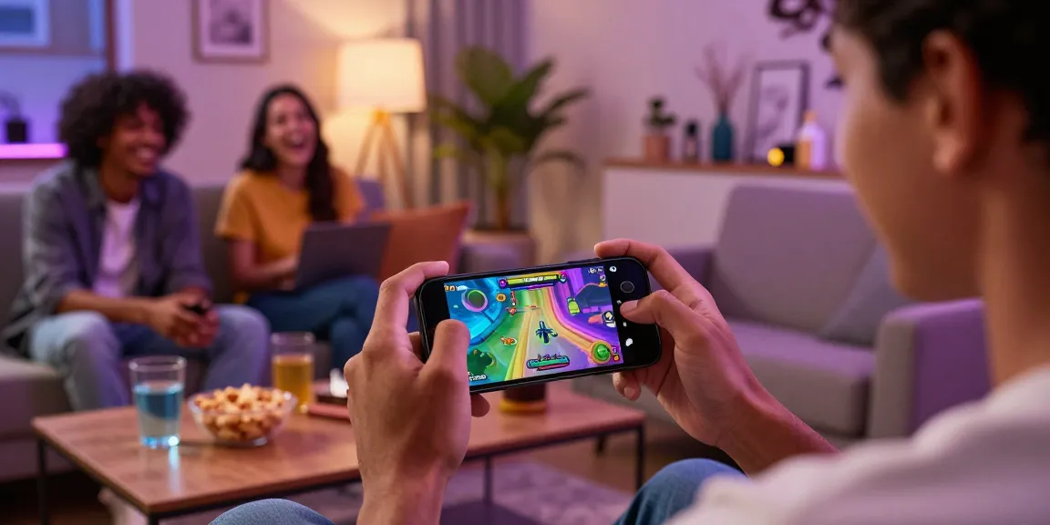 Tiranga Game Login on a smartphone in a lively home setting with friends.