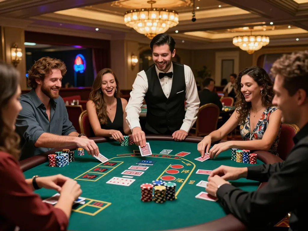 Friends enjoy a thrilling game of blackjack at 11win's vibrant casino table