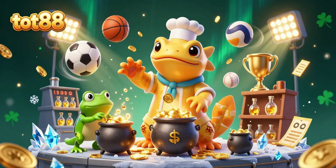 Experience the magic of tot88 in this enchanting illustration featuring a golden salamander alchemist and sports elements.