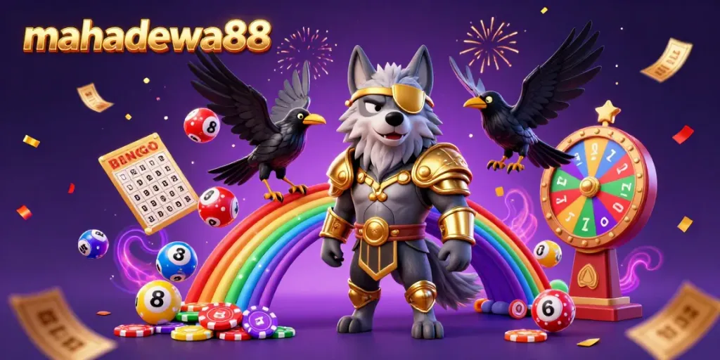 Experience thrilling gameplay with mahadewa88 in a vibrant 3D illustration featuring a mystical wolf and dynamic gambling elements.