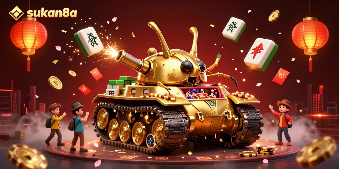Sukan8a enhances excitement with a 3D casino scene showcasing a golden beetle tank and vibrant betting elements.