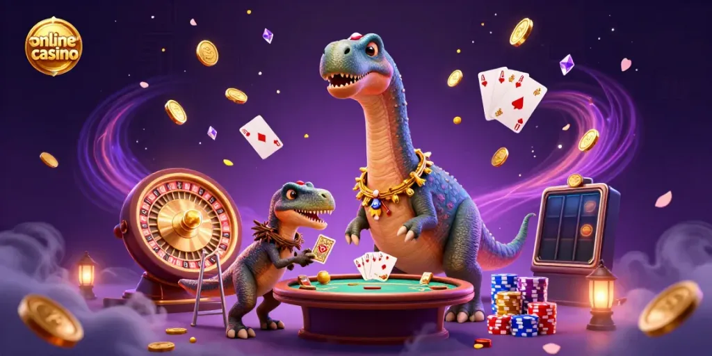 Vibrant scene of a playful online casino with fun characters, golden coins, and lively gaming action.