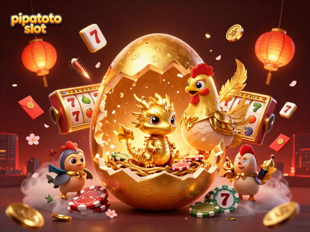 Experience the thrill of the pipatoto slot with a golden dragon guarding poker chips and vibrant casino elements.