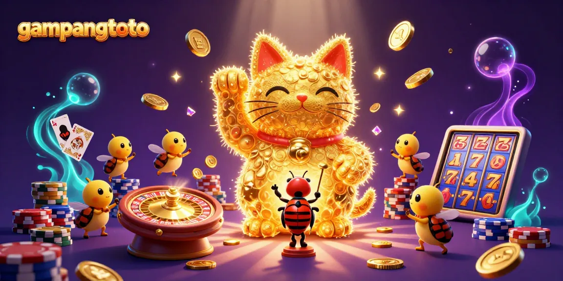 Play with luck on gampangtoto as a lucky cat and golden fireflies surround festive casino symbols.