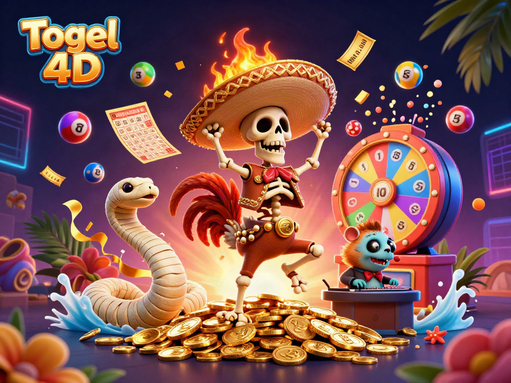 Merayakan peluang Togel 4D, karakter kartun dansa di tumpukan koin emas.
