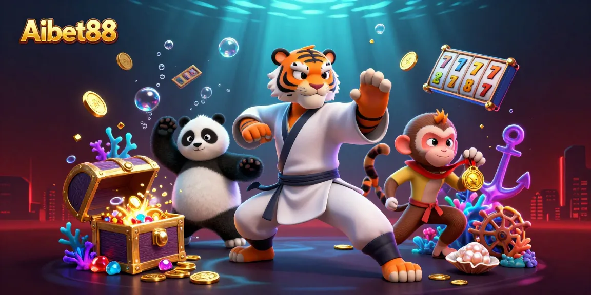 Aibet88 showcases a fun gambling adventure with a kung fu tiger master in a vibrant casino treasure scene.