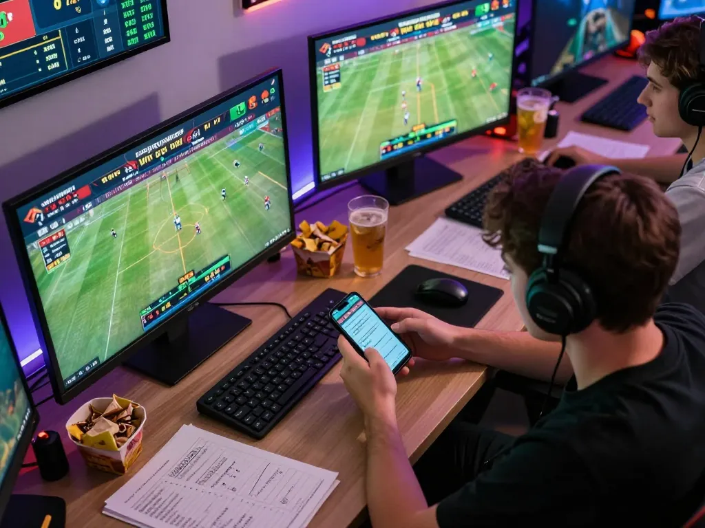 Gamer placing bets on Fun88 app during a live sports event at home, showcasing online betting strategy.