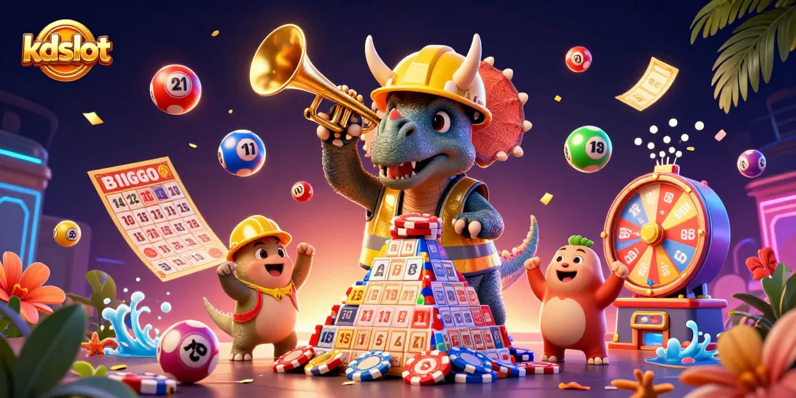 Engage with kdslot's thrilling slot experience featuring cartoon dinosaurs celebrating with casino elements.