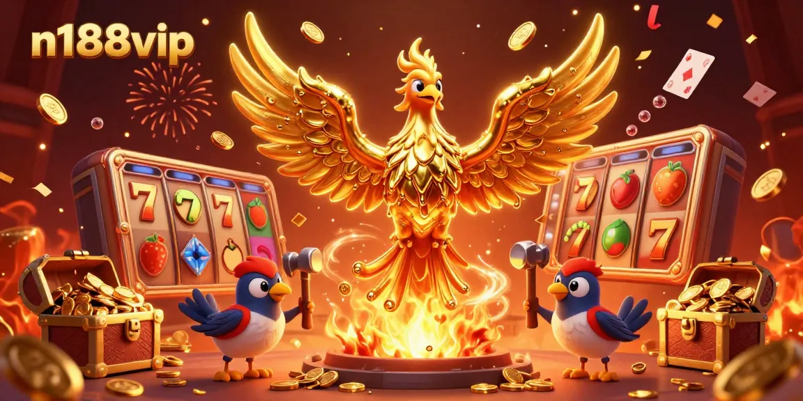 Experience the excitement of n188vip with a vivid casino scene featuring a molten gold phoenix and overflowing jackpots.