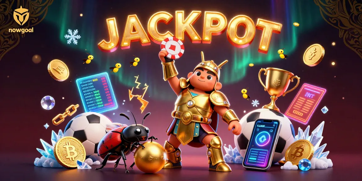Experience exhilarating sports betting with nowgoal as a cartoon beetle celebrates jackpot victory amidst glowing crypto elements.