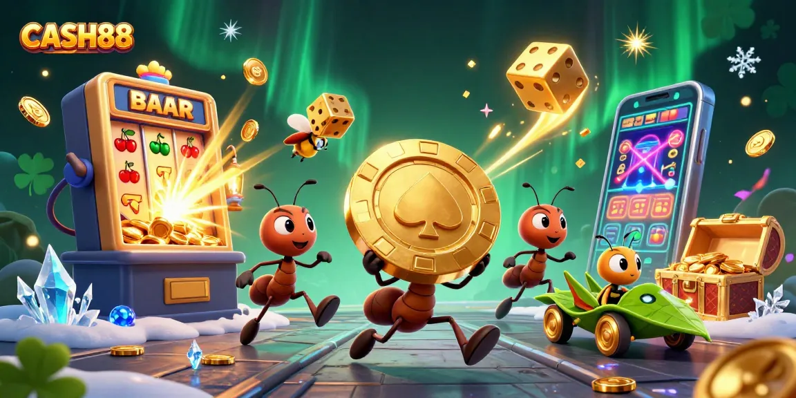 CASH88 captures the thrilling moment of cartoon ants heisting a giant poker chip amidst a vibrant casino eruption.