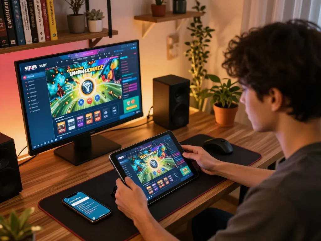 Situs slot gaming experience with player immersed in online gameplay from stylish home setup.