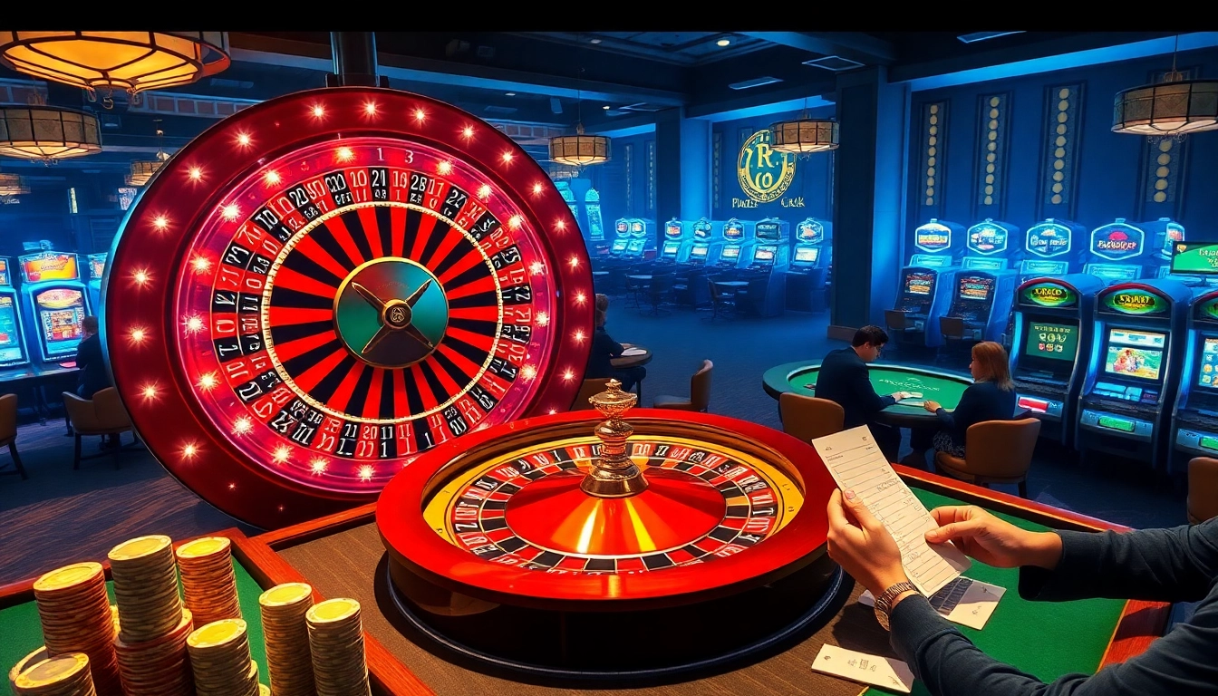 Experience thrilling gameplay at casino tables with luck 8 vibes, surrounded by bright slots and roulette wheels.