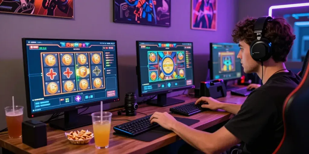Gamer immersed in online slot games environment, digital graphics vibrant, akunjp focus visible.