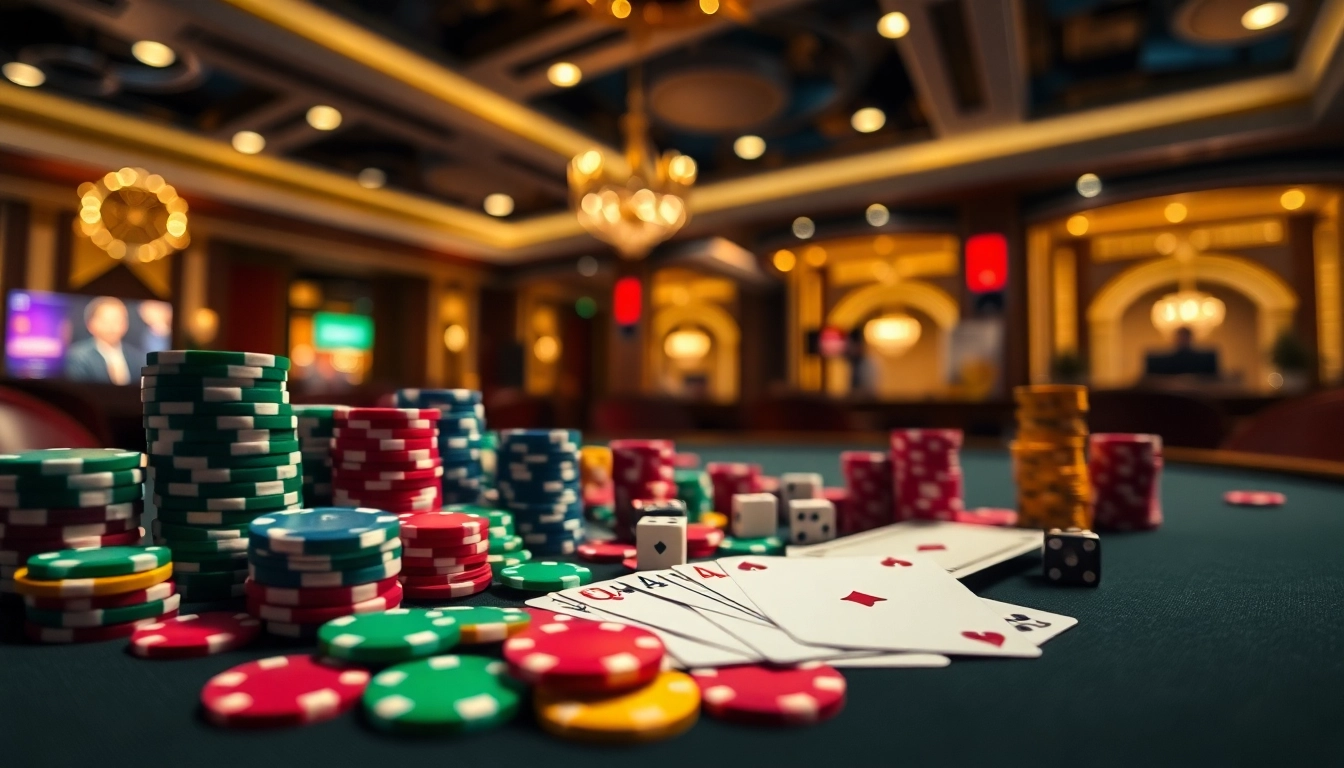 Arushoki memicu kegembiraan di kasino dengan chip poker berwarna mencolok dan kartu rapi.