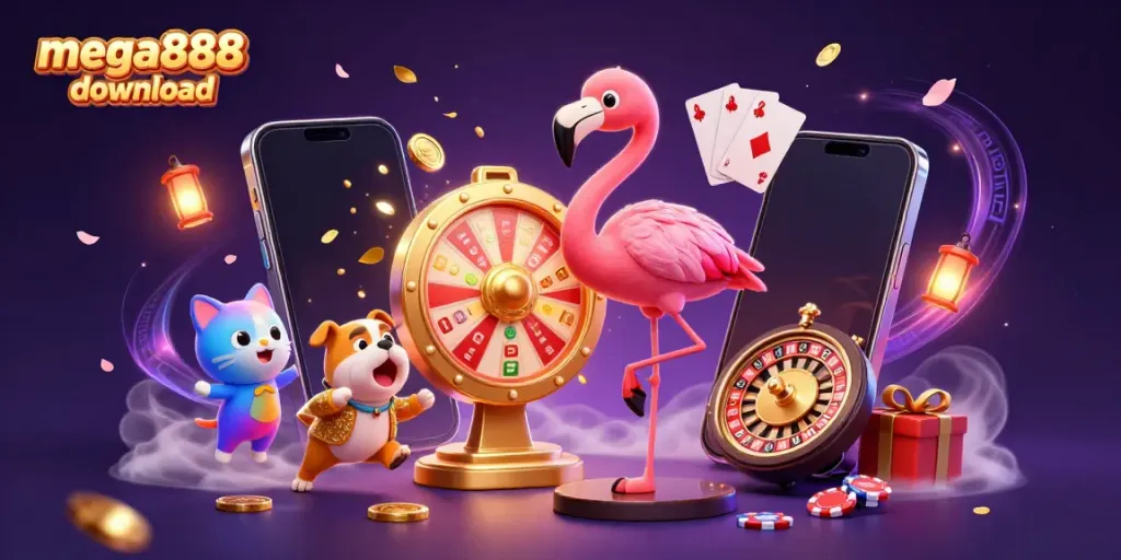 Experience the excitement of mega888 download with a vibrant casino scene featuring engaging characters and game elements.