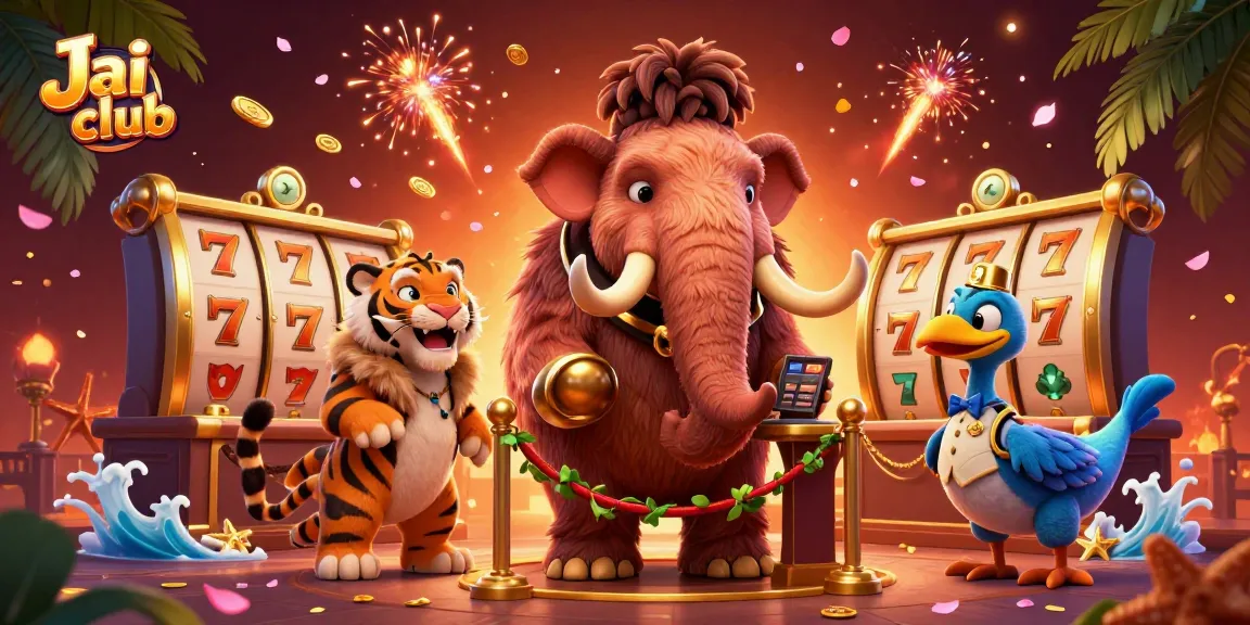 Play exciting games on Jai club with thrilling bonuses and vibrant casino elements in a colorful illustration.