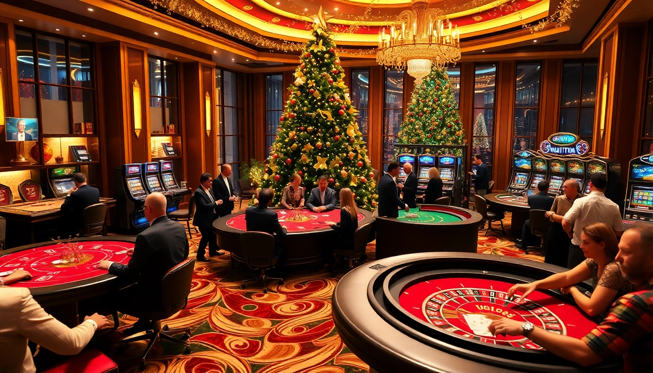 The festive casino atmosphere at https://789wins1.net/ features players enjoying poker amidst Christmas decorations and vibrant gaming elements.