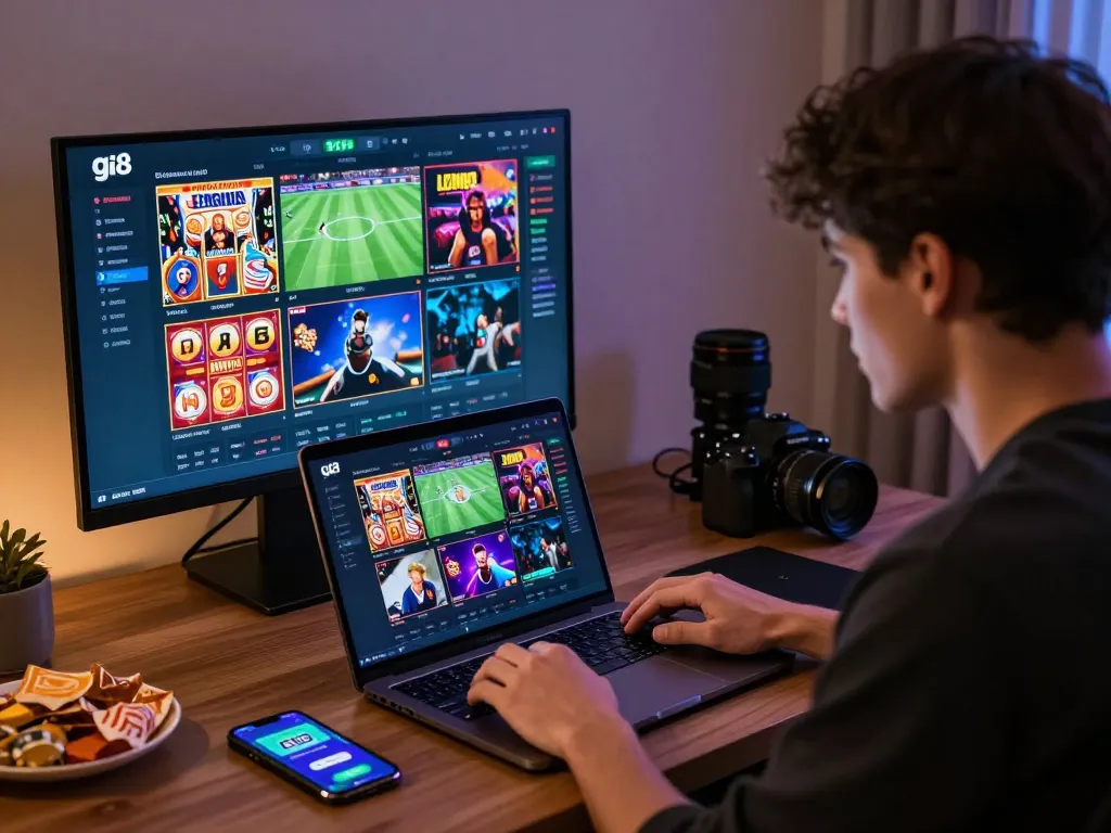 Player enjoying online gaming with gi8 platform on modern laptop in vibrant home office setting