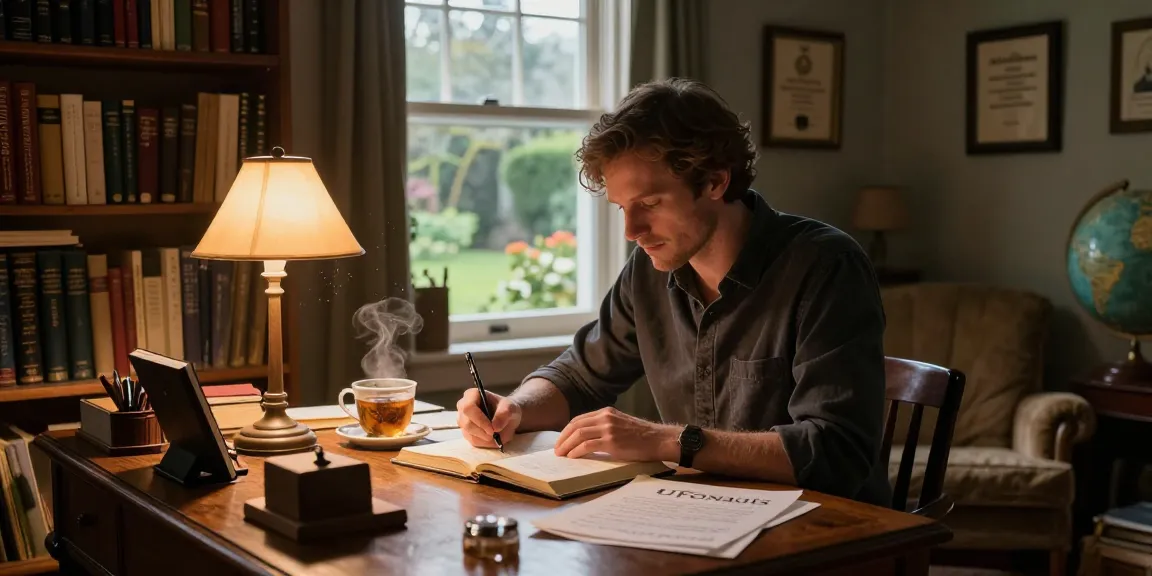 Explore T Allen Greenfield's creative writing process at https://tallengreenfield.com in an inspiring home library setting featuring spiritual and UFO literature.